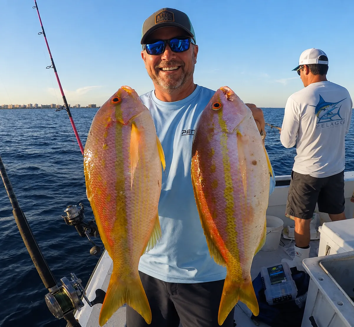 An angler holding up a pair of yellowtail snapper on the boat with the Pompano Beach shoreline behind